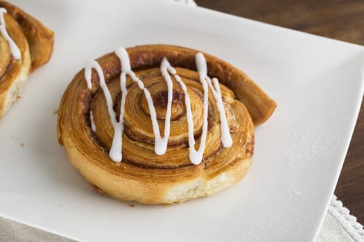 Tempting Cinnamon roll on white plate.