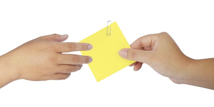 human hand holding blank notepaper on white