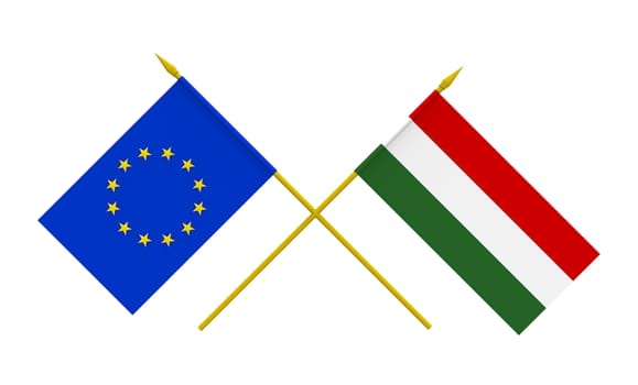 Flags of Hungary and European Union, 3d render, isolated on white