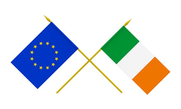 Flags of Ireland and European Union, 3d render, isolated on white