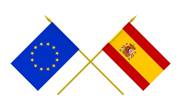 Flags of Spain and European Union, 3d render, isolated on white