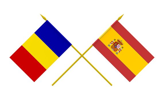 Flags of Romania and Spain, 3d render, isolated on white