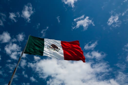 The Flag of Mexico seen from below on a rich blue sky
