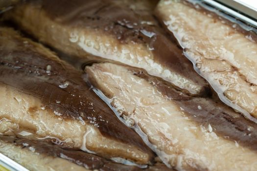 Macro shot of Mackerel Fillets in a tin