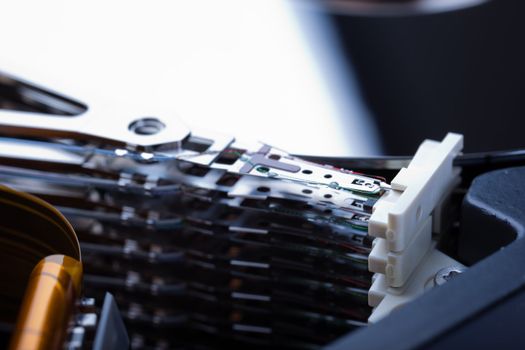 Macro shot of the  heads of an hard disk