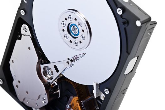 an opened hard disk on white background