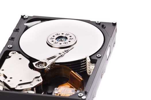 an opened hard disk on white background