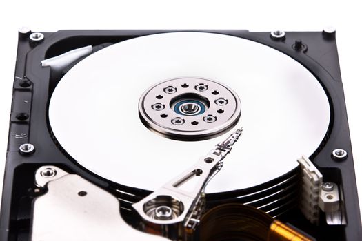 an opened hard disk on white background