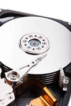 an opened hard disk on white background