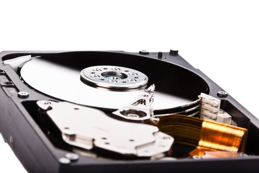 an opened hard disk on white background