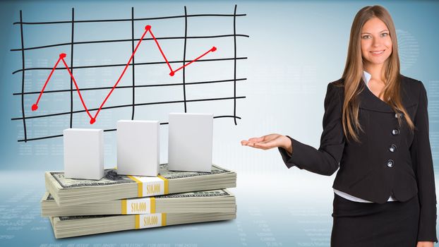 Businesswoman points hand on white boxes and money. Schedule of price increases in background