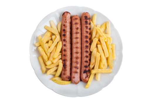 three delicious wurstel on a white plate with french fries