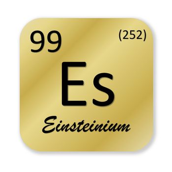 Black einsteinium element into golden square shape isolated in white background