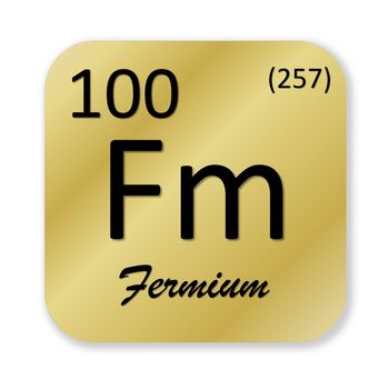 Black fermium element into golden square shape isolated in white background