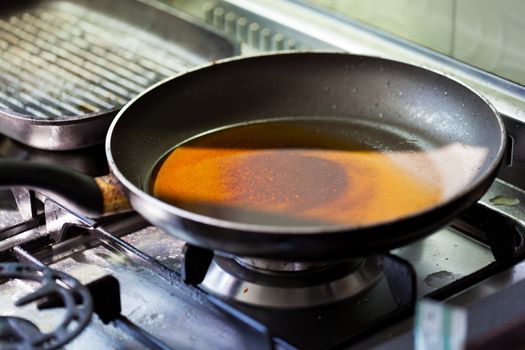 a dirty frying pan in a dirty kitchen