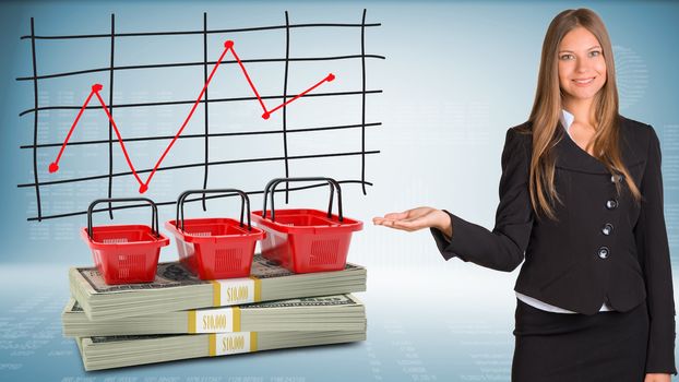 Businesswoman points hand on shopping bags and money. Schedule of price increases in background