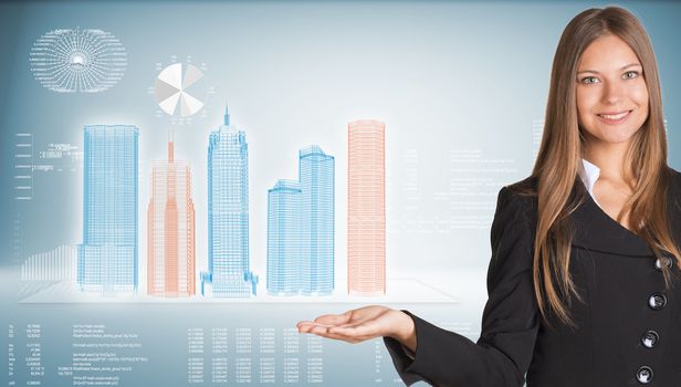 Businesswoman in a suit. On background of the high-tech wire frame skyscrapers and graphs