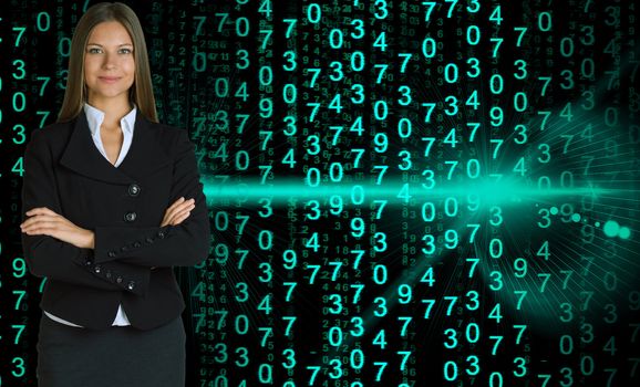 Businesswoman in a suit with background of green glowing figures