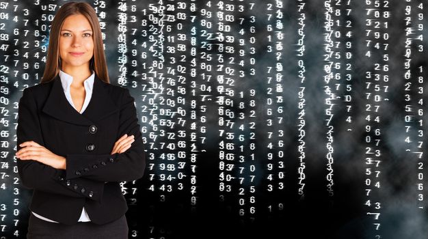 Businesswoman in a suit with background of white glowing figures