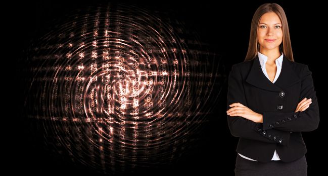 Businesswoman in a suit with background of glowing digital code. Business concept