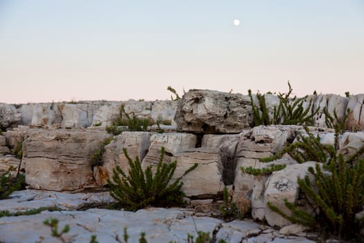 Rocky landscape at dusk with moon in background