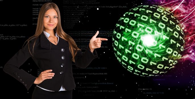 Businesswoman in a suit. Spheres of glowing digits on background