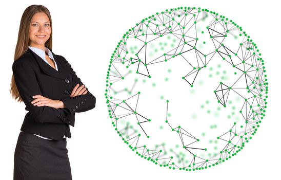 Businesswoman in a suit with wire frame sphere. White background. Network concept