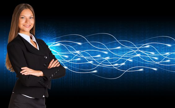 Businesswoman in a suit and glow rays. Business concept