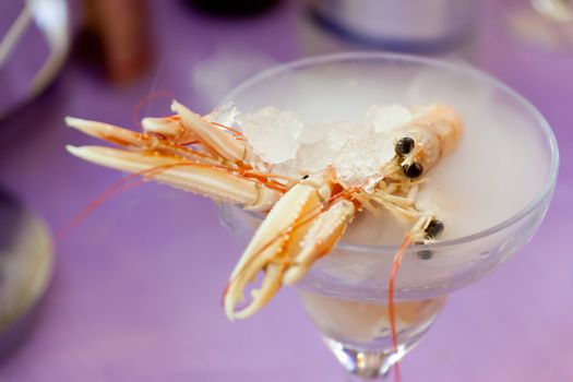 a Shrimp cocktail prepared with dry ice
