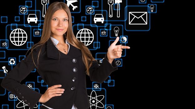Businesswoman in suit and application icons. The concept of software