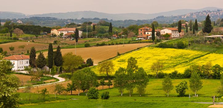 panoramic shot of a rural village in tuscany