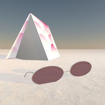 Sunglasses and book in the sand, 3d render