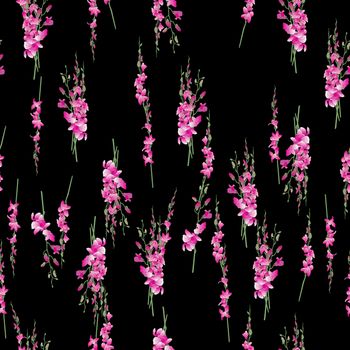 Hand drawn illustration of an orchids seamless pattern over black