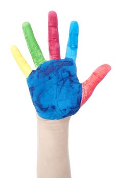 Colorful hand of a child isolated over white