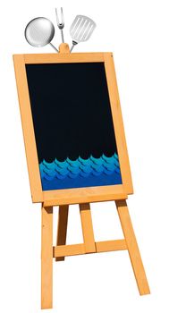 Blank black chalkboard on a wooden easel with kitchen utensils and octopus. Perfect for a fish menu