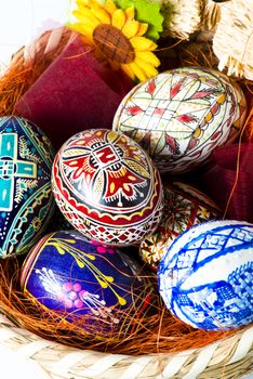 Easter basket with eggs macro close-up