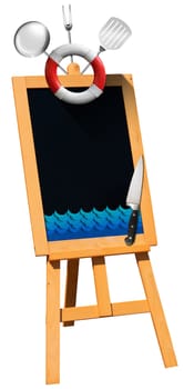 Blank black chalkboard on a wooden easel with kitchen utensils, red and white lifebuoy and stylized waves. Perfect for a fish menu