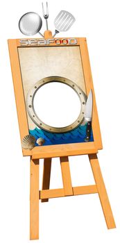 Billboard on a wooden easel with empty parchment, metal porthole, kitchen utensils, seashells and stylized waves. Perfect for a fish menu