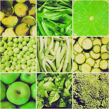 Vintage retro looking Food collage including 9 pictures of green vegetables