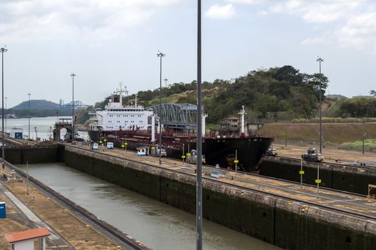 Transport ship at the Miraflores locks, Panama Canal, Panama.