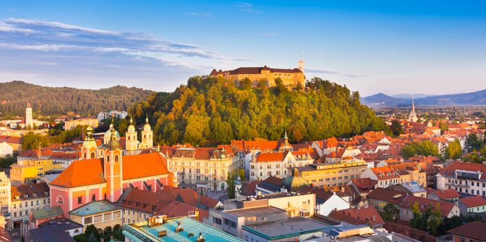 Panorama of the Slovenian capital Ljubljana at sunset.