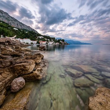 Rocky Beach and Small Village near Omis in the Morning, Dalmatia, Croatia