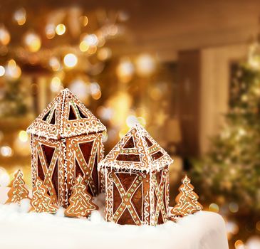 Gingerbread cookies cottages Christmas tree room background
