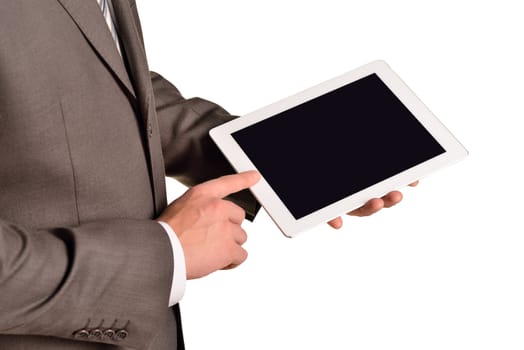 Businessman holding digital tablet, closeup. Isolated on white background