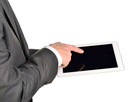 Businessman holding digital tablet, closeup. Isolated on white background