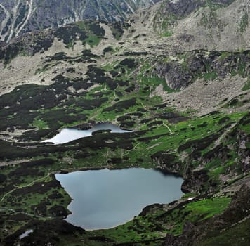 Lake in Polish Tatra mountains. Summer time. View from Kasprovy peak.