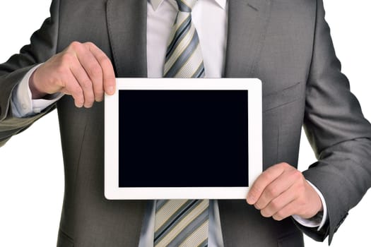 Businessman holding digital tablet, closeup. Isolated on white background