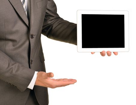 Businessman holding digital tablet, closeup. Isolated on white background