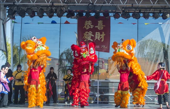 LAS VEGAS - FEB 09 : Lion dance performance during the Chinese New Year celebrations held in Las Vegas , Nevada on February 09 2014