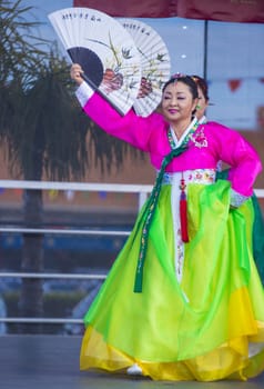 LAS VEGAS - FEB 09 : Chinese folk dancer perform at the Chinese New Year celebrations held in Las Vegas , Nevada on February 09 2014